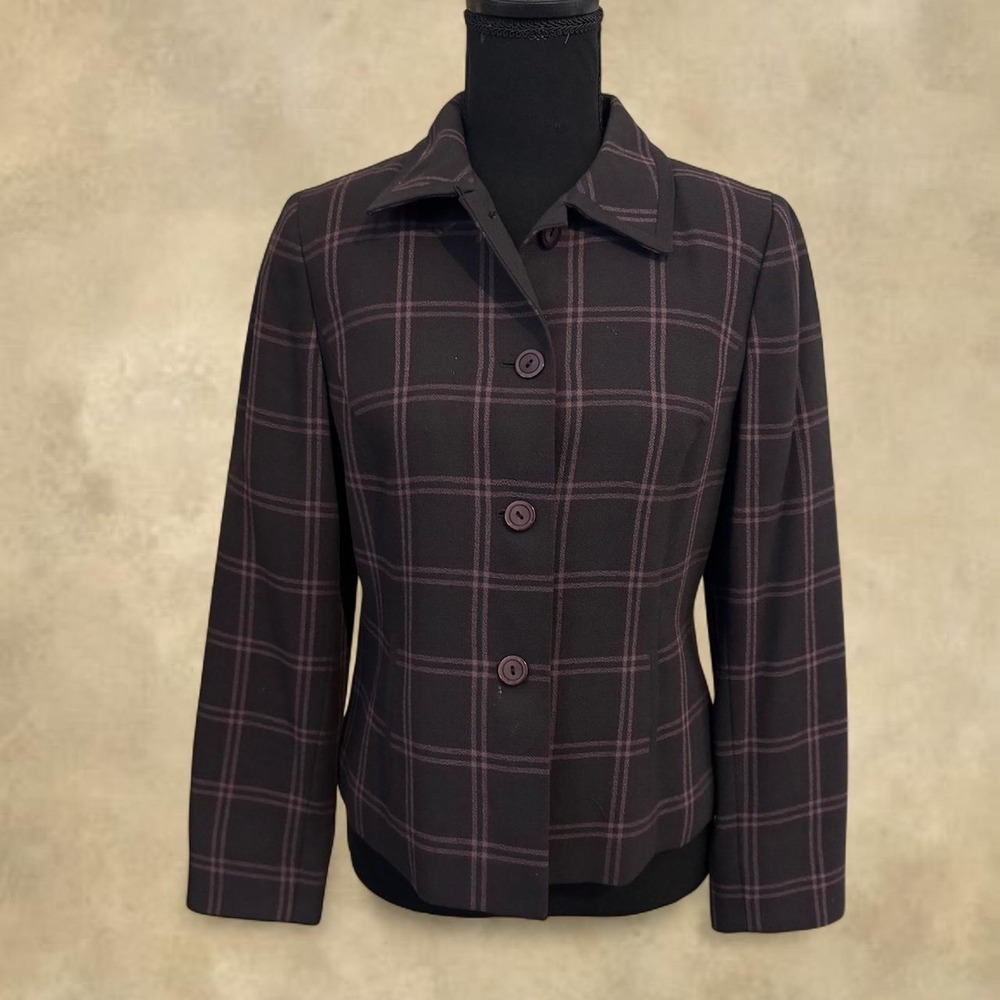 Kasper ASL Petite Womens Brown Purple Plaid Blazer Jacket Size 4P Button Front